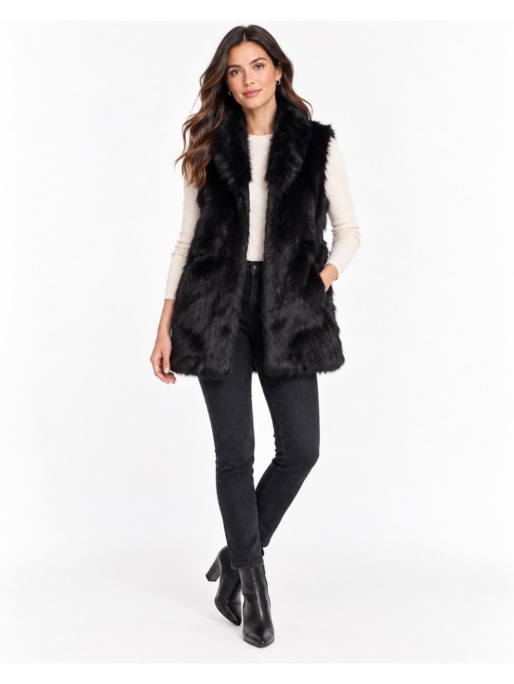 Banana Republic Black Faux Fur Long Vest XS High Neck Quilted Lined 2012